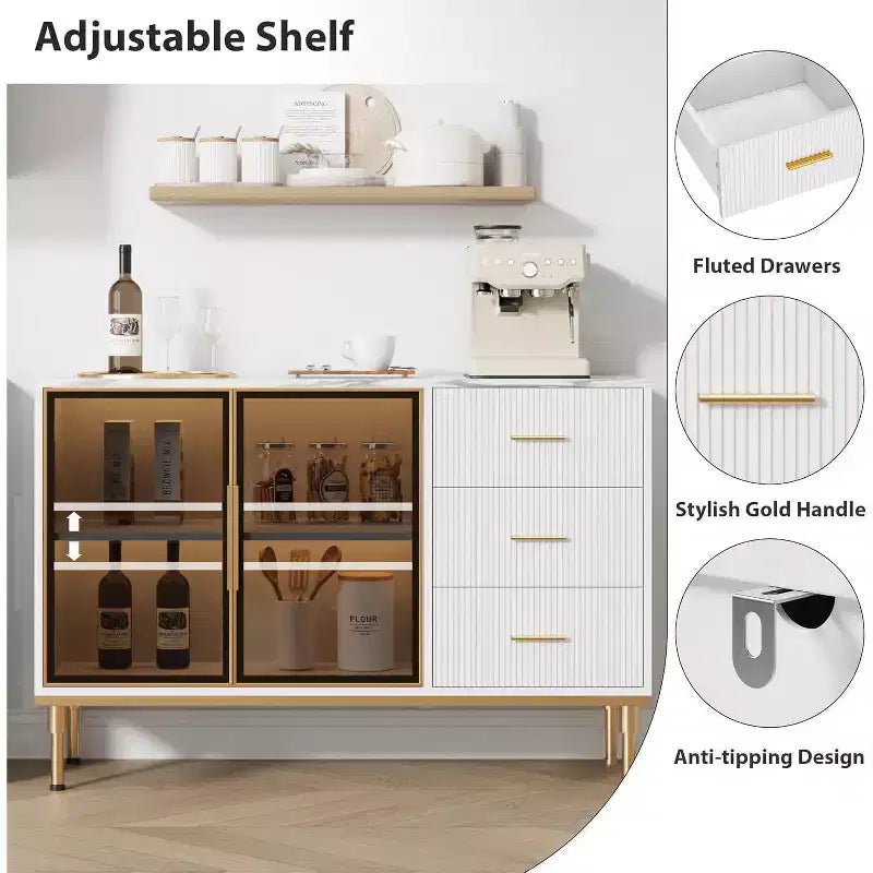46.4 Fluted Sideboard Buffet Cabinet with Faux Marble Top, Large Storage for Kitchen, Featuring 2 Glass Doors, 3 Drawers, Adjustable Shelves