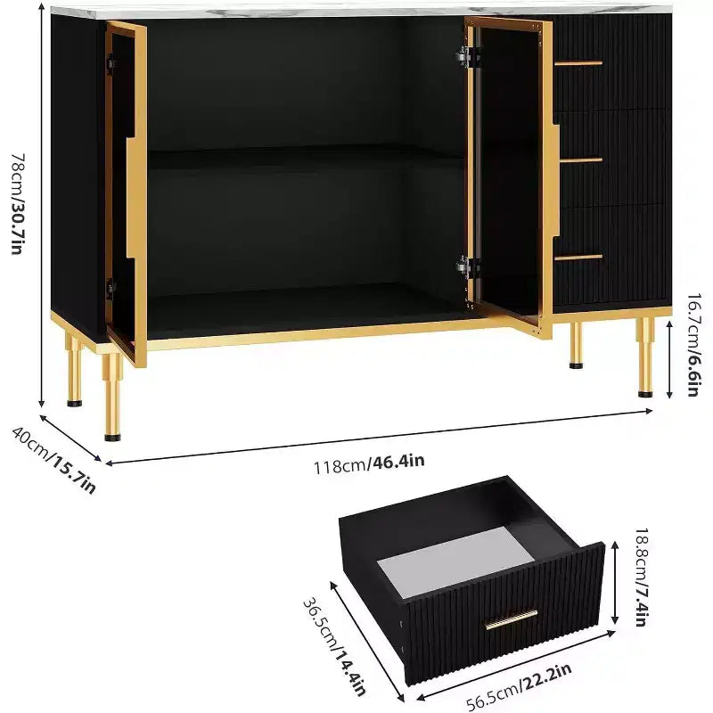 46.4 Fluted Sideboard Buffet Cabinet with Faux Marble Top, Large Storage for Kitchen, Featuring 2 Glass Doors, 3 Drawers, Adjustable Shelves