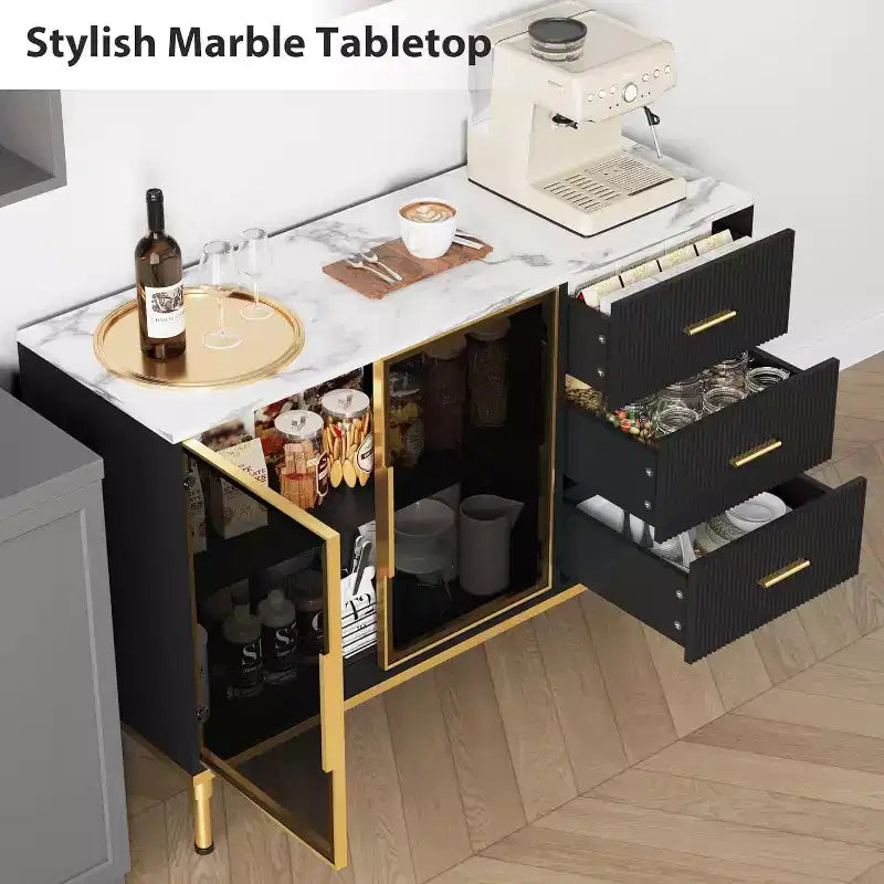 46.4 Fluted Sideboard Buffet Cabinet with Faux Marble Top, Large Storage for Kitchen, Featuring 2 Glass Doors, 3 Drawers, Adjustable Shelves