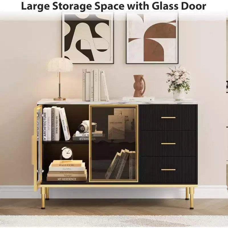 46.4 Fluted Sideboard Buffet Cabinet with Faux Marble Top, Large Storage for Kitchen, Featuring 2 Glass Doors, 3 Drawers, Adjustable Shelves