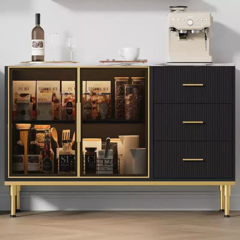 46.4 Fluted Sideboard Buffet Cabinet with Faux Marble Top, Large Storage for Kitchen, Featuring 2 Glass Doors, 3 Drawers, Adjustable Shelves