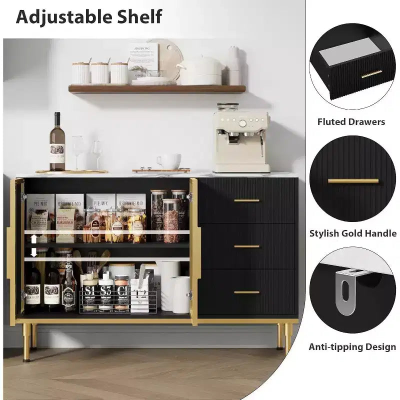 46.4 Fluted Sideboard Buffet Cabinet with Faux Marble Top, Large Storage for Kitchen, Featuring 2 Glass Doors, 3 Drawers, Adjustable Shelves