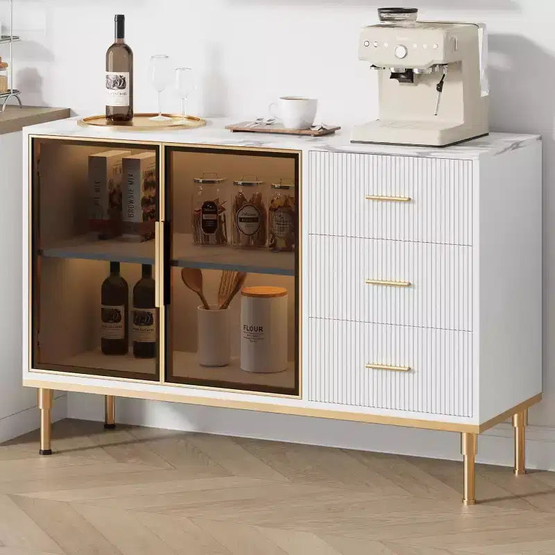 46.4 Fluted Sideboard Buffet Cabinet with Faux Marble Top, Large Storage for Kitchen, Featuring 2 Glass Doors, 3 Drawers, Adjustable Shelves
