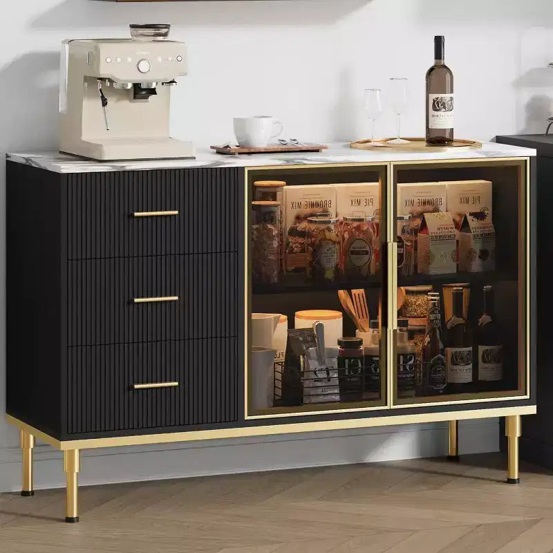 46.4 Fluted Sideboard Buffet Cabinet with Faux Marble Top, Large Storage for Kitchen, Featuring 2 Glass Doors, 3 Drawers, Adjustable Shelves