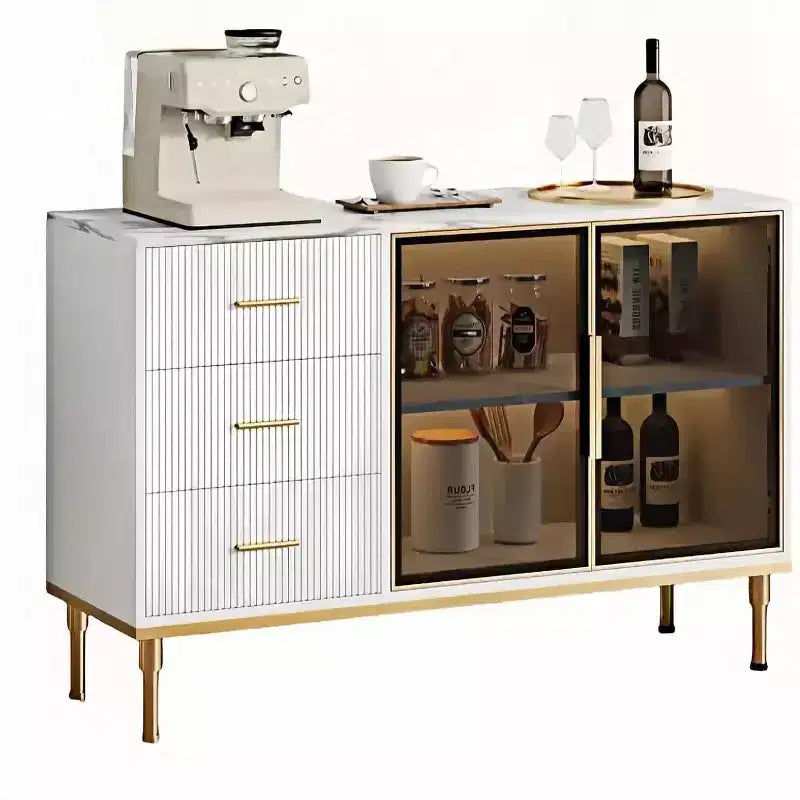 46.4 Fluted Sideboard Buffet Cabinet with Faux Marble Top, Large Storage for Kitchen, Featuring 2 Glass Doors, 3 Drawers, Adjustable Shelves