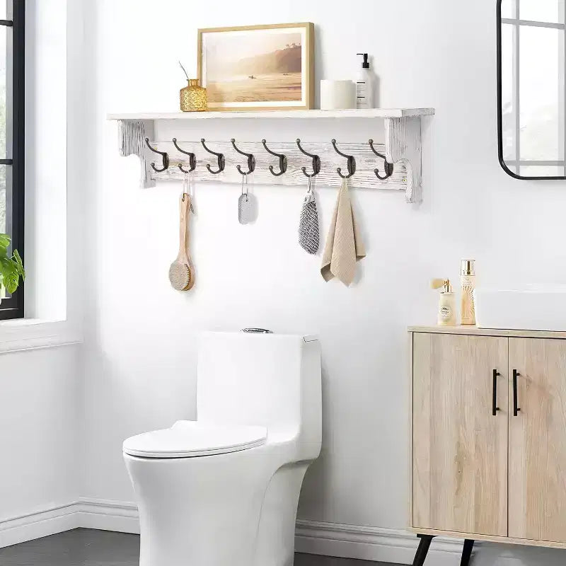 35.8'' Wood Coat Rack Wall Mount with Shelf - White Farmhouse Rustic Coat Hooks for Entryway, Bathroom, Kitchen, Bedroom
