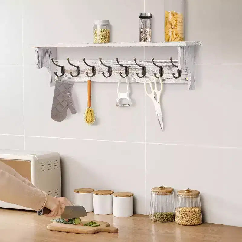 35.8'' Wood Coat Rack Wall Mount with Shelf - White Farmhouse Rustic Coat Hooks for Entryway, Bathroom, Kitchen, Bedroom