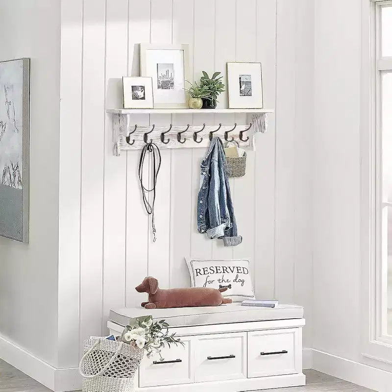 35.8'' Wood Coat Rack Wall Mount with Shelf - White Farmhouse Rustic Coat Hooks for Entryway, Bathroom, Kitchen, Bedroom
