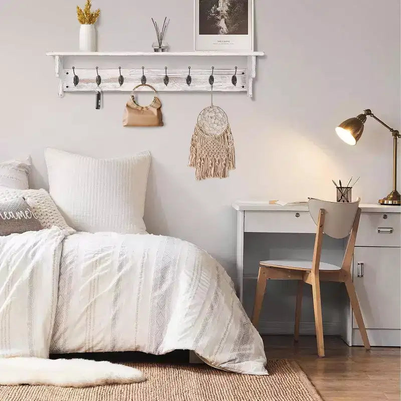 35.8'' Wood Coat Rack Wall Mount with Shelf - White Farmhouse Rustic Coat Hooks for Entryway, Bathroom, Kitchen, Bedroom