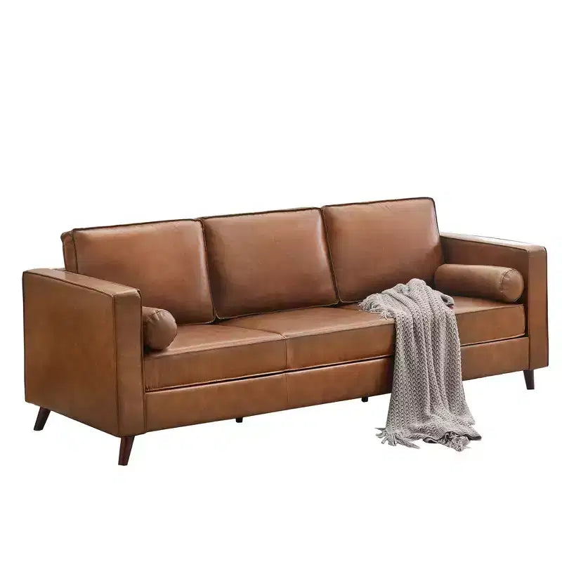 Brown Leather Sofa, 83 Mid-Century Modern Couch, 3-Seater Sofa with Armrests and Comfy Cushions, Pu Deep Seat Sofas for Living Room, Bedroom, Office