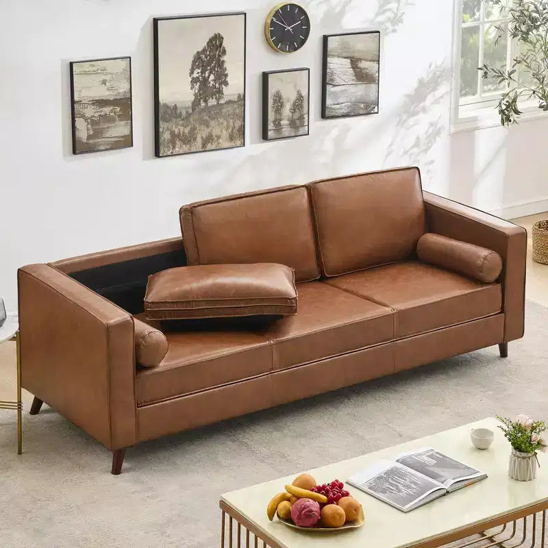 Brown Leather Sofa, 83 Mid-Century Modern Couch, 3-Seater Sofa with Armrests and Comfy Cushions, Pu Deep Seat Sofas for Living Room, Bedroom, Office