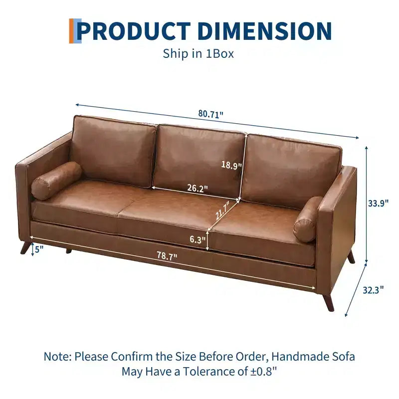 Brown Leather Sofa, 83 Mid-Century Modern Couch, 3-Seater Sofa with Armrests and Comfy Cushions, Pu Deep Seat Sofas for Living Room, Bedroom, Office