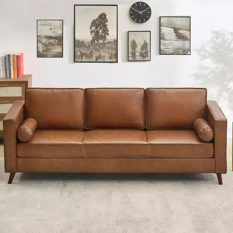 Brown Leather Sofa, 83 Mid-Century Modern Couch, 3-Seater Sofa with Armrests and Comfy Cushions, Pu Deep Seat Sofas for Living Room, Bedroom, Office