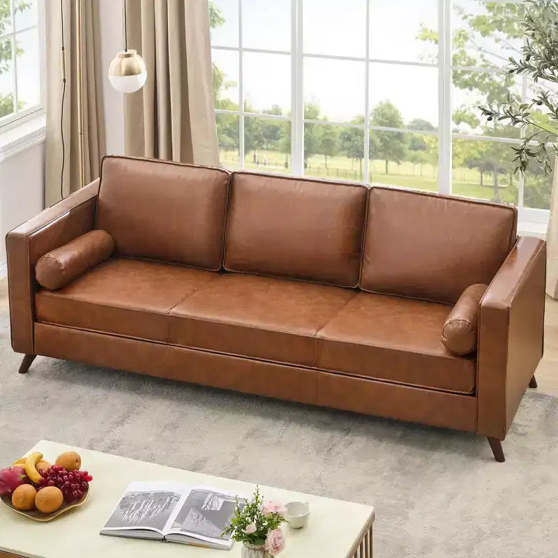 Brown Leather Sofa, 83 Mid-Century Modern Couch, 3-Seater Sofa with Armrests and Comfy Cushions, Pu Deep Seat Sofas for Living Room, Bedroom, Office