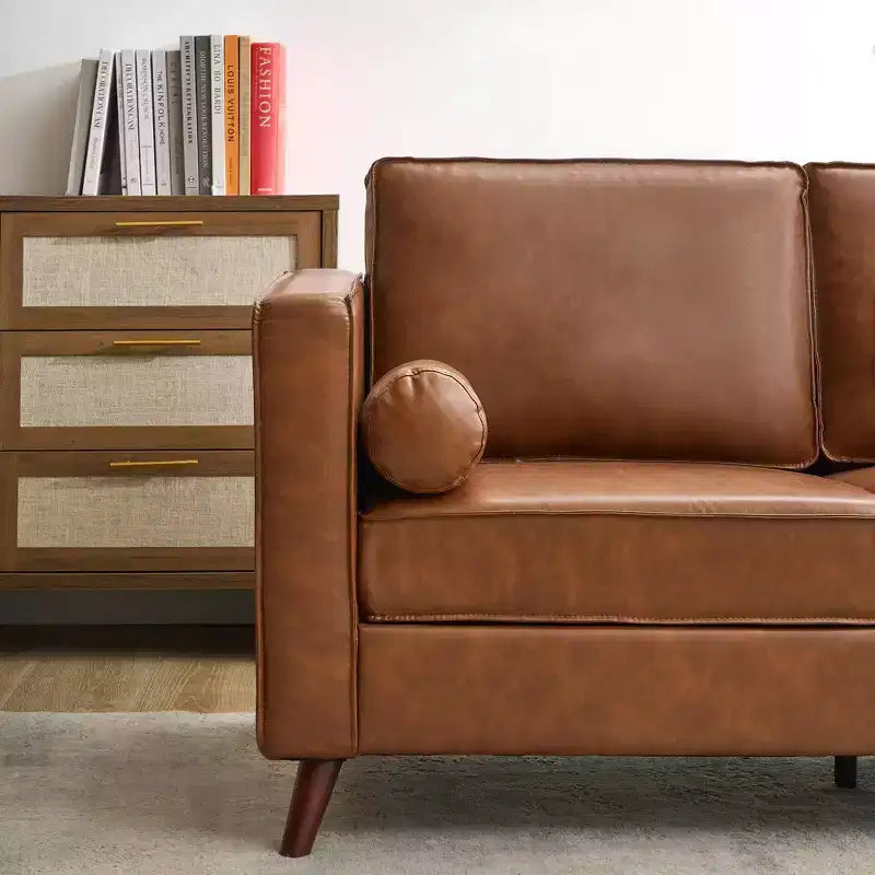 Brown Leather Sofa, 83 Mid-Century Modern Couch, 3-Seater Sofa with Armrests and Comfy Cushions, Pu Deep Seat Sofas for Living Room, Bedroom, Office