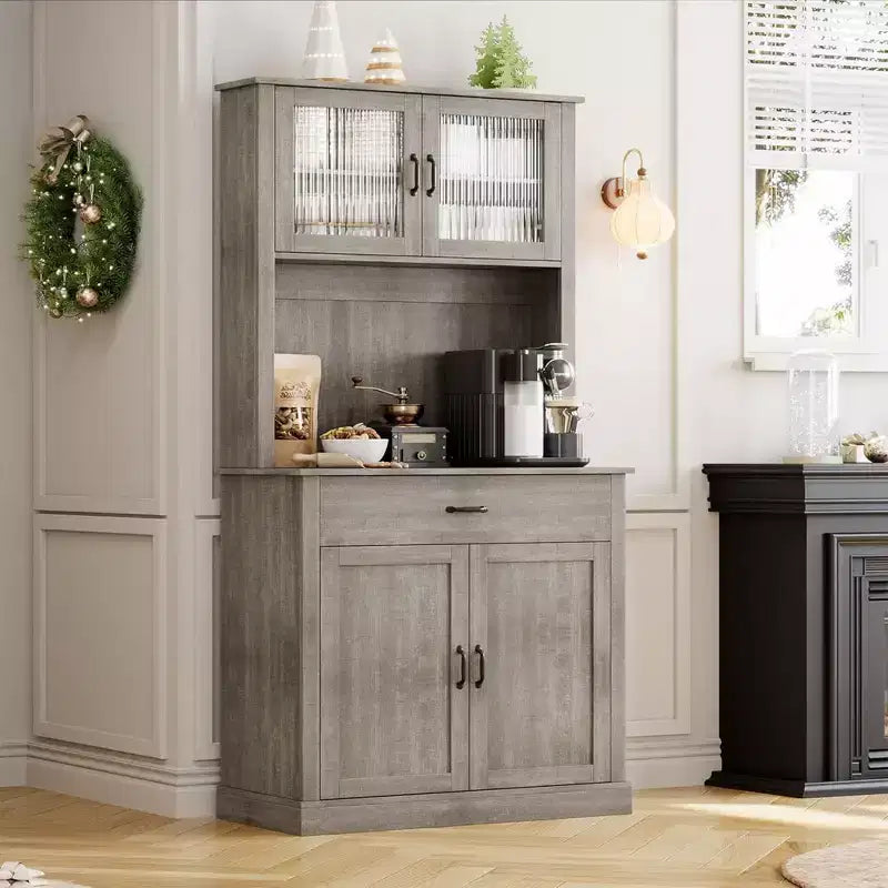 Kitchen Pantry Cabinet with Microwave Stand, 71Freestanding Tall Kitchen Cabinet with Doors and Shelves for Dining Room