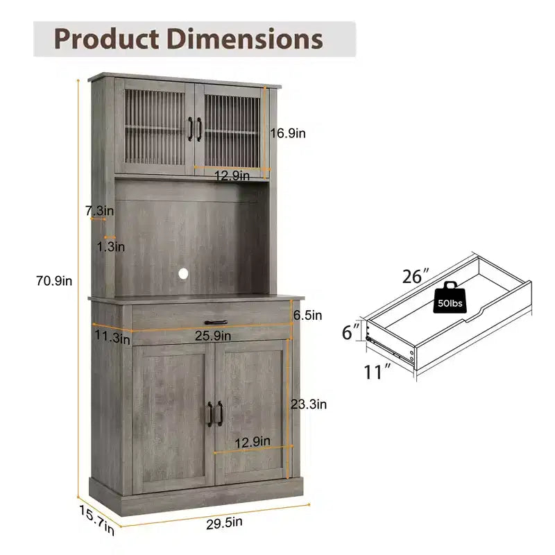 Kitchen Pantry Cabinet with Microwave Stand, 71Freestanding Tall Kitchen Cabinet with Doors and Shelves for Dining Room