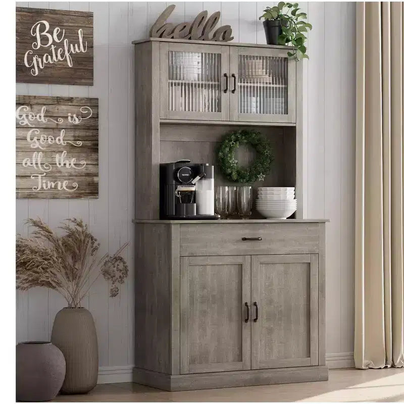 Kitchen Pantry Cabinet with Microwave Stand, 71Freestanding Tall Kitchen Cabinet with Doors and Shelves for Dining Room