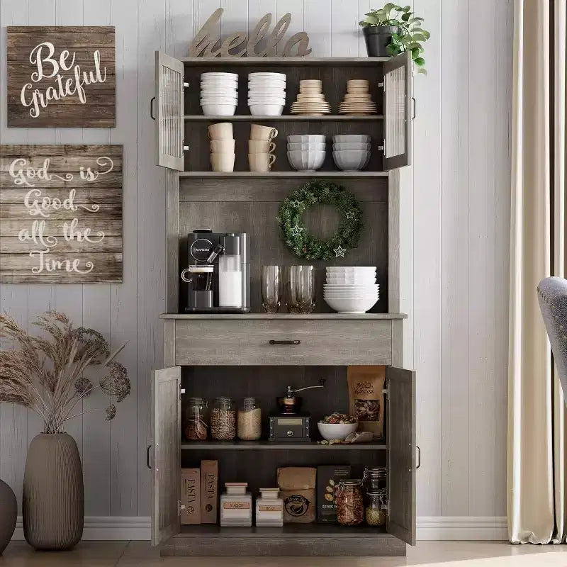 Kitchen Pantry Cabinet with Microwave Stand, 71Freestanding Tall Kitchen Cabinet with Doors and Shelves for Dining Room