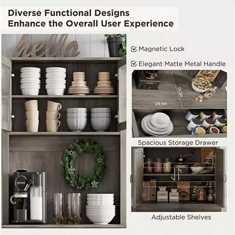 Kitchen Pantry Cabinet with Microwave Stand, 71Freestanding Tall Kitchen Cabinet with Doors and Shelves for Dining Room