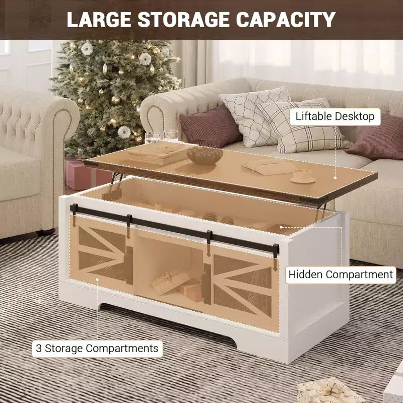 Coffee Table with Lifting Top, Farmhouse Center Table W/Sliding Barn Door & Hidden Storage for Living Room