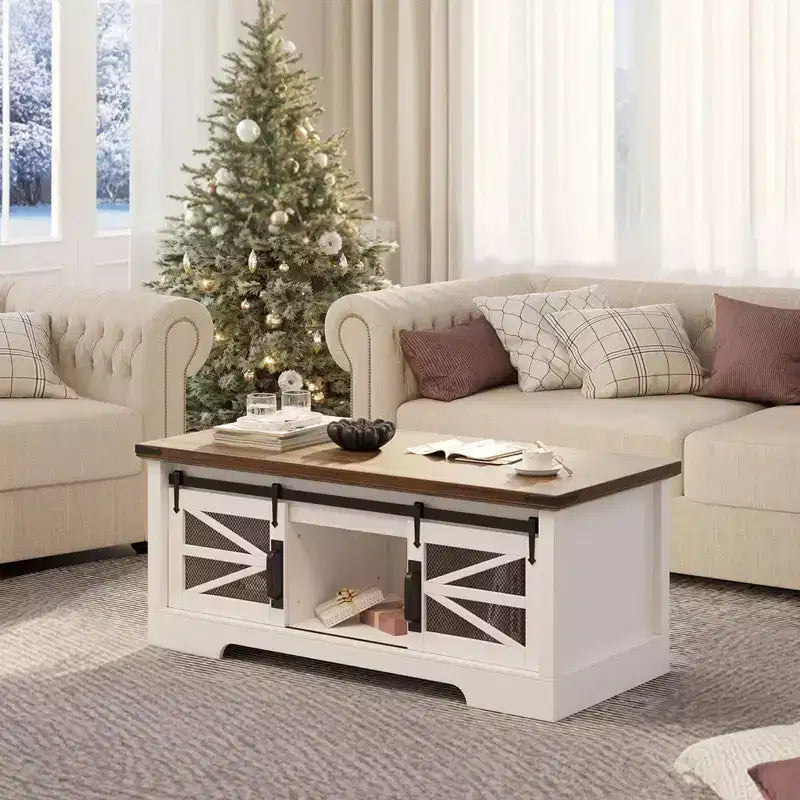 Coffee Table with Lifting Top, Farmhouse Center Table W/Sliding Barn Door & Hidden Storage for Living Room