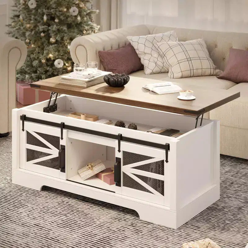 Coffee Table with Lifting Top, Farmhouse Center Table W/Sliding Barn Door & Hidden Storage for Living Room