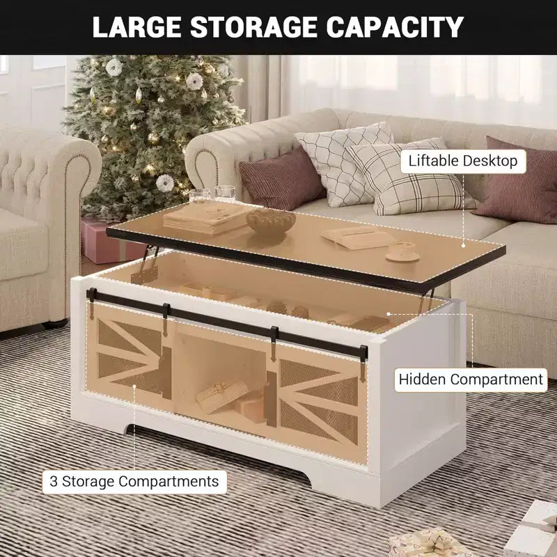 Coffee Table with Lifting Top, Farmhouse Center Table W/Sliding Barn Door & Hidden Storage for Living Room