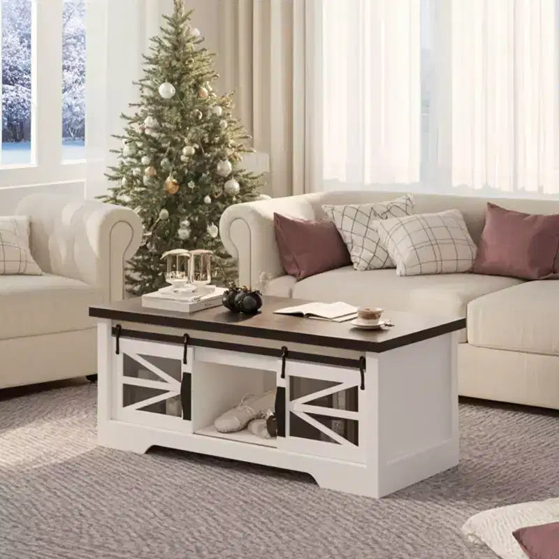 Coffee Table with Lifting Top, Farmhouse Center Table W/Sliding Barn Door & Hidden Storage for Living Room