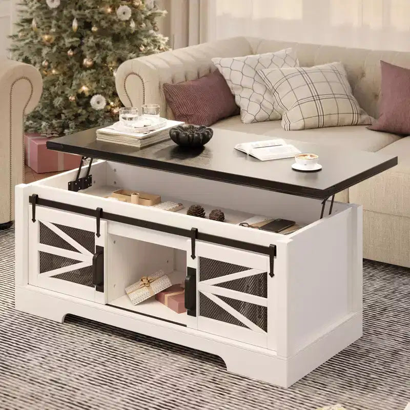 Coffee Table with Lifting Top, Farmhouse Center Table W/Sliding Barn Door & Hidden Storage for Living Room