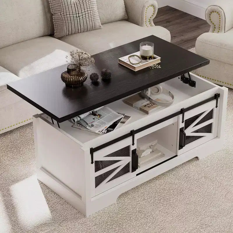 GustoWave Coffee Table with Lifting Top, Farmhouse Center Table W/Sliding Barn Door & Hidden Storage for Living Room
