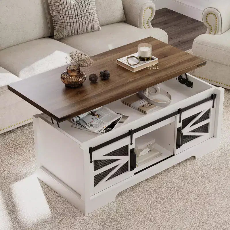 Table basse avec plateau relevable, table centrale de style ferme avec porte coulissante et rangement caché pour salon