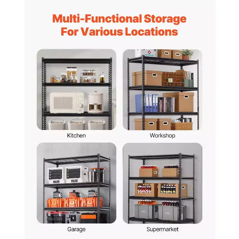 Storage Shelves, 3000 lbs, 5 Tier Heavy Duty Garage Shelving, 20 D x 48 W x 72 H Adjustable Metal Shelves, Black
