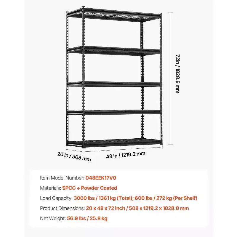Storage Shelves, 3000 lbs, 5 Tier Heavy Duty Garage Shelving, 20 D x 48 W x 72 H Adjustable Metal Shelves, Black