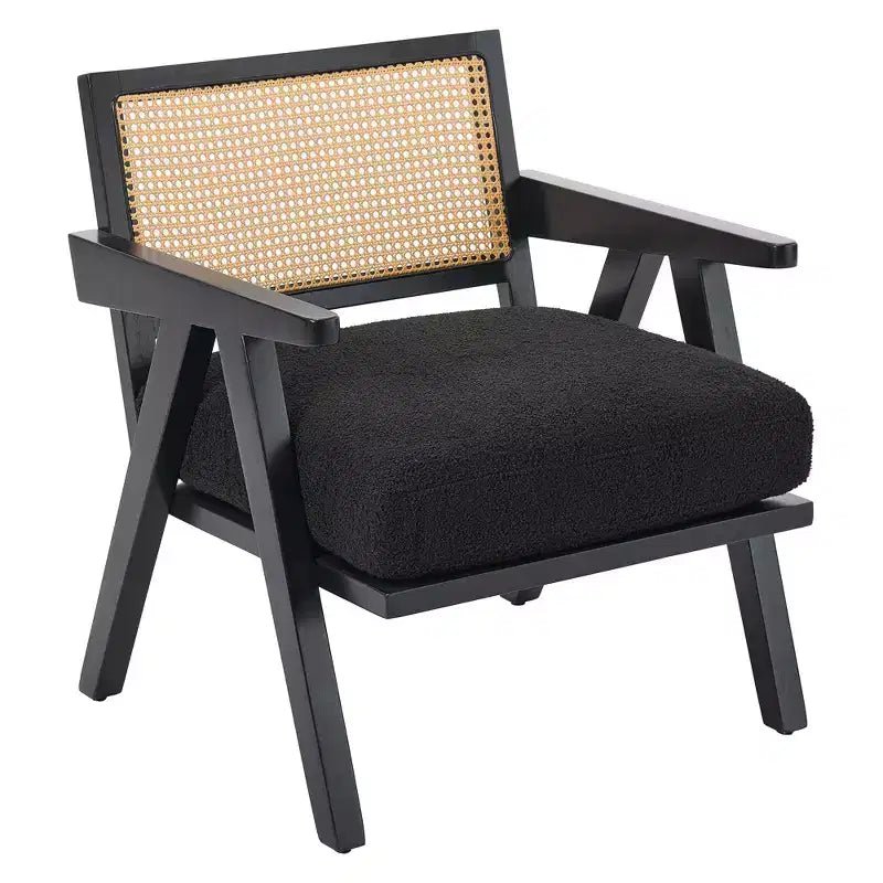 Mid-Century Farmhouse Accent Chair - Wood Armchair with Rattan Backrest & Linen Cushion for Living Room, Bedroom