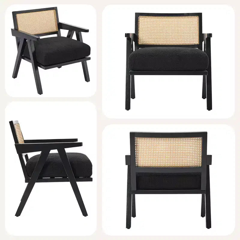 Mid-Century Farmhouse Accent Chair - Wood Armchair with Rattan Backrest & Linen Cushion for Living Room, Bedroom