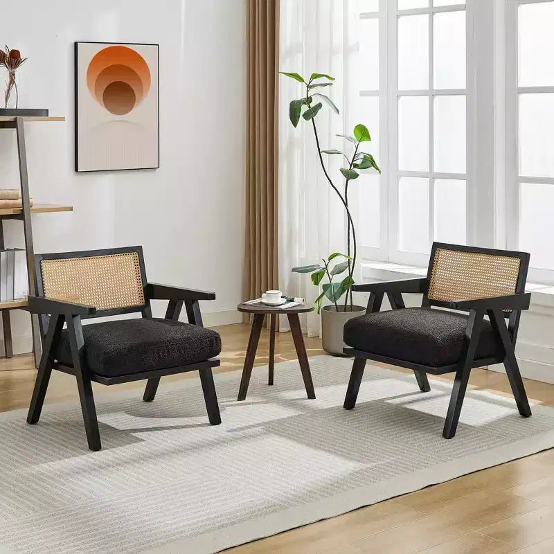 Mid-Century Farmhouse Accent Chair - Wood Armchair with Rattan Backrest & Linen Cushion for Living Room, Bedroom
