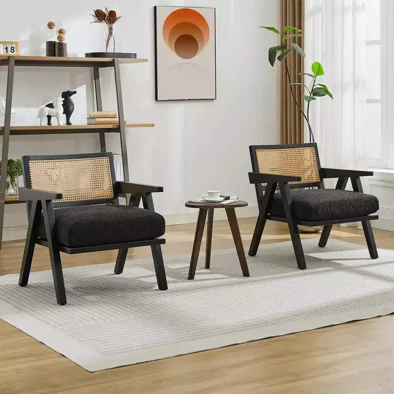 Mid-Century Farmhouse Accent Chair - Wood Armchair with Rattan Backrest & Linen Cushion for Living Room, Bedroom