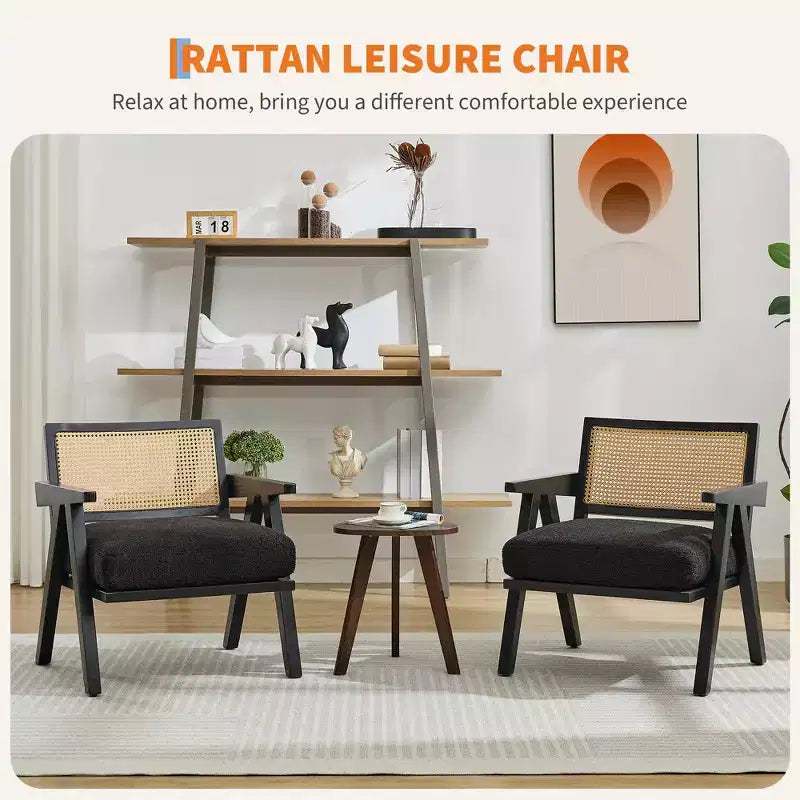 Mid-Century Farmhouse Accent Chair - Wood Armchair with Rattan Backrest & Linen Cushion for Living Room, Bedroom