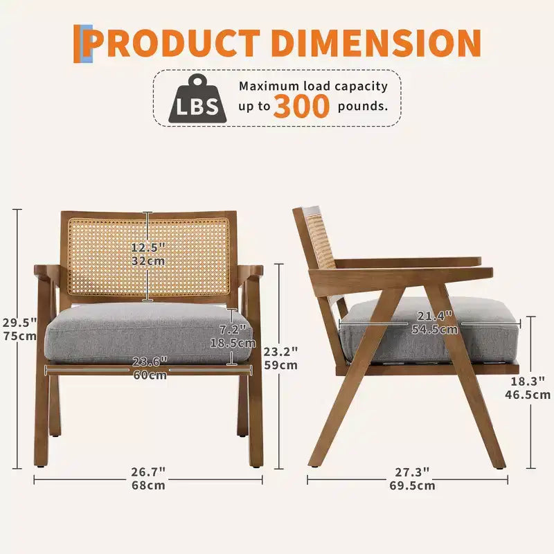 Mid-Century Farmhouse Accent Chair - Wood Armchair with Rattan Backrest & Linen Cushion for Living Room, Bedroom