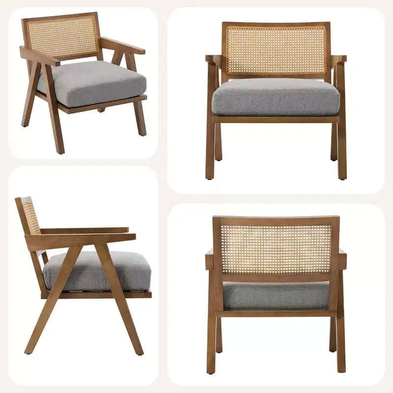 Mid-Century Farmhouse Accent Chair - Wood Armchair with Rattan Backrest & Linen Cushion for Living Room, Bedroom