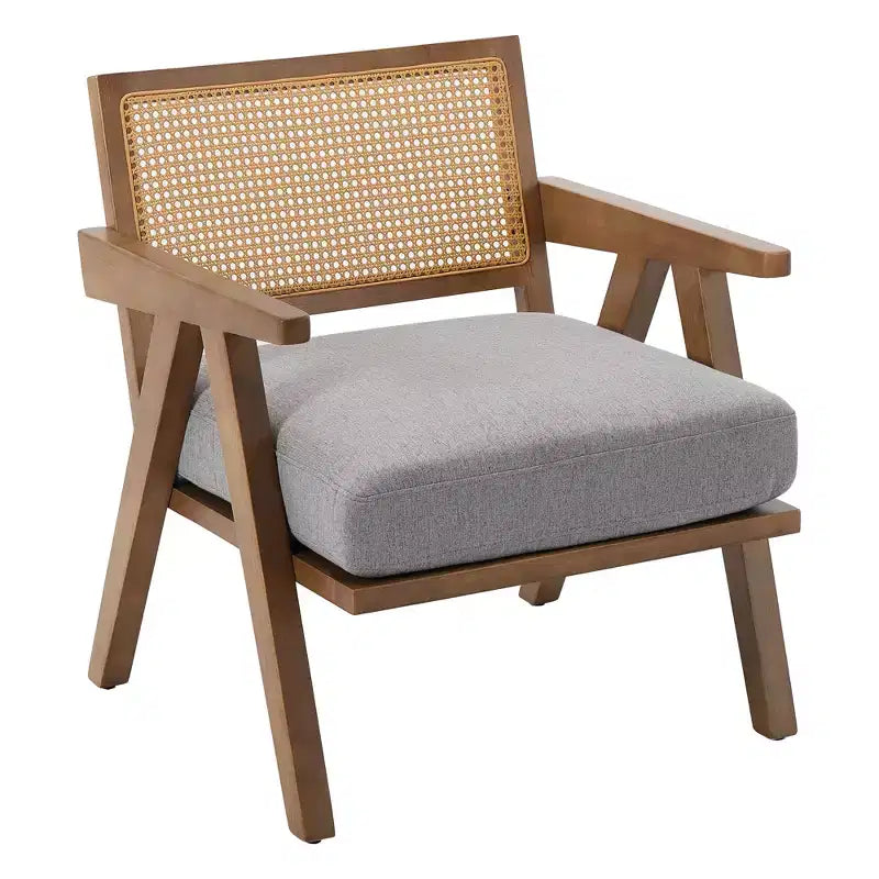 Mid-Century Farmhouse Accent Chair - Wood Armchair with Rattan Backrest & Linen Cushion for Living Room, Bedroom