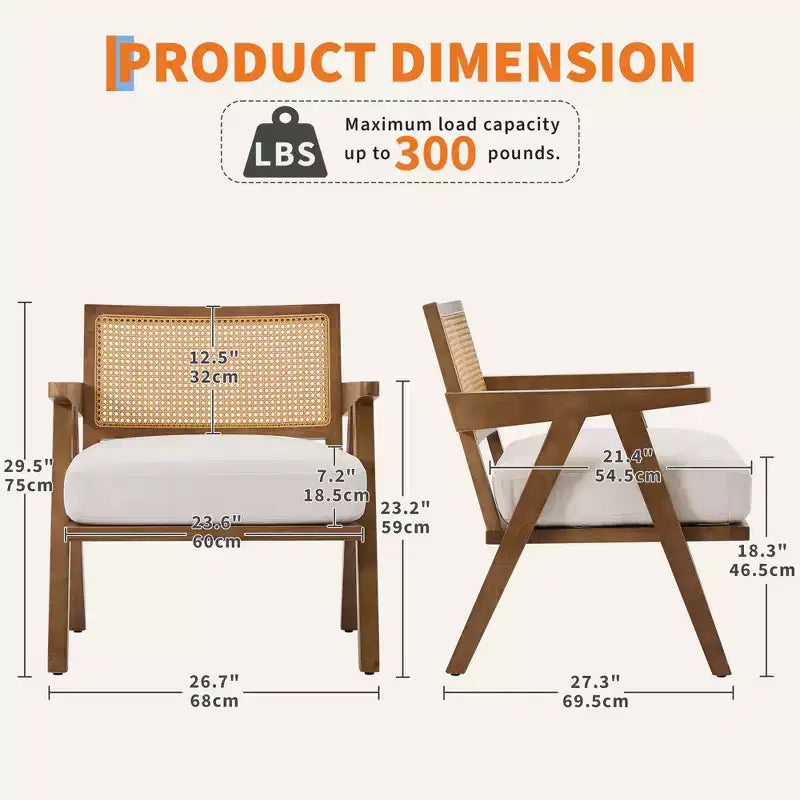 Mid-Century Farmhouse Accent Chair - Wood Armchair with Rattan Backrest & Linen Cushion for Living Room, Bedroom