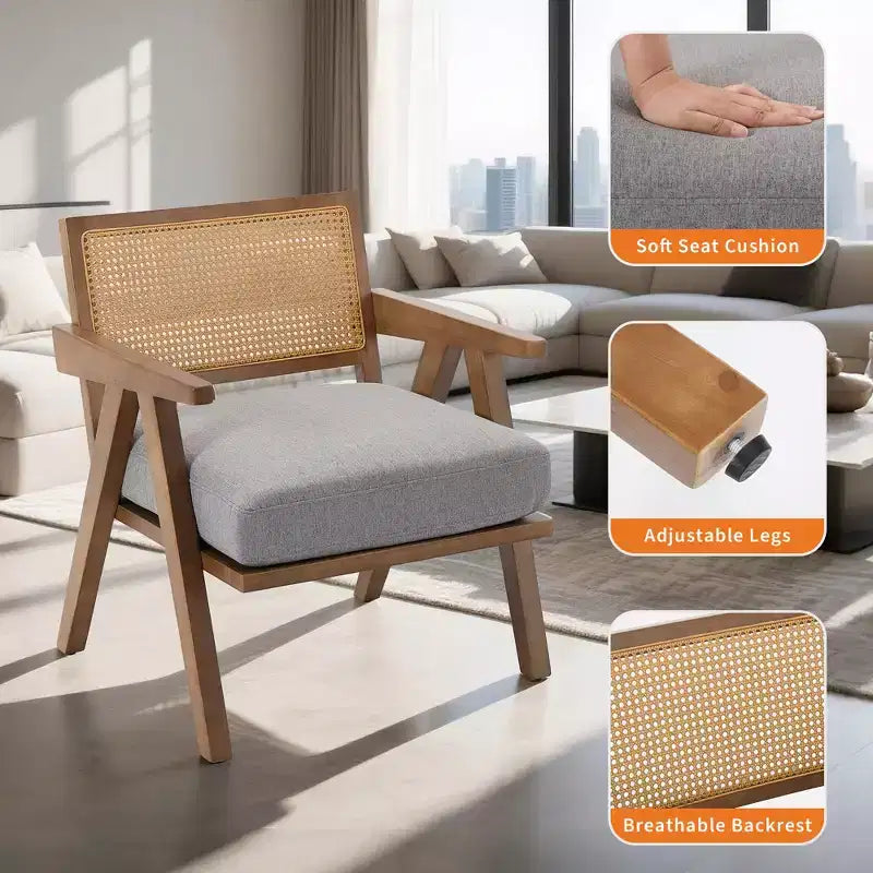 Mid-Century Farmhouse Accent Chair - Wood Armchair with Rattan Backrest & Linen Cushion for Living Room, Bedroom