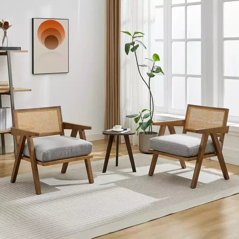 Mid-Century Farmhouse Accent Chair - Wood Armchair with Rattan Backrest & Linen Cushion for Living Room, Bedroom