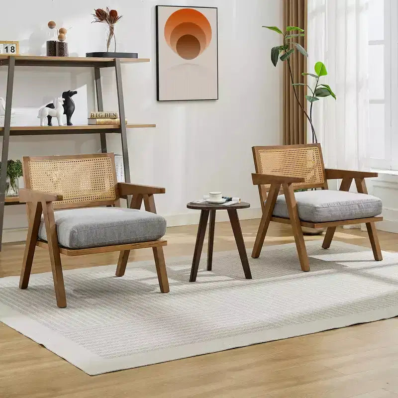 Mid-Century Farmhouse Accent Chair - Wood Armchair with Rattan Backrest & Linen Cushion for Living Room, Bedroom
