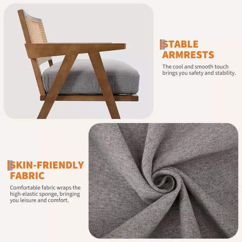 Mid-Century Farmhouse Accent Chair - Wood Armchair with Rattan Backrest & Linen Cushion for Living Room, Bedroom
