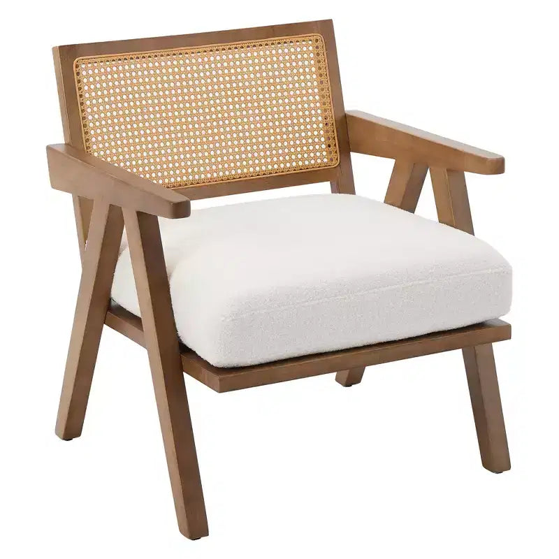 Mid-Century Farmhouse Accent Chair - Wood Armchair with Rattan Backrest & Linen Cushion for Living Room, Bedroom