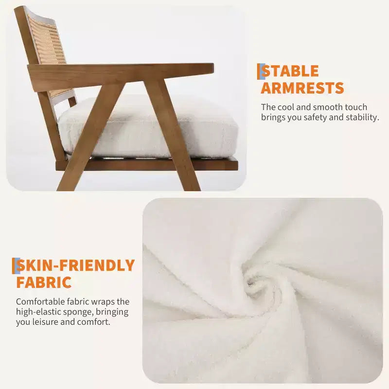 Mid-Century Farmhouse Accent Chair - Wood Armchair with Rattan Backrest & Linen Cushion for Living Room, Bedroom