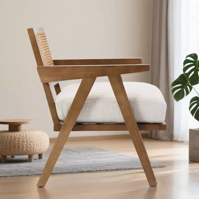 Mid-Century Farmhouse Accent Chair - Wood Armchair with Rattan Backrest & Linen Cushion for Living Room, Bedroom